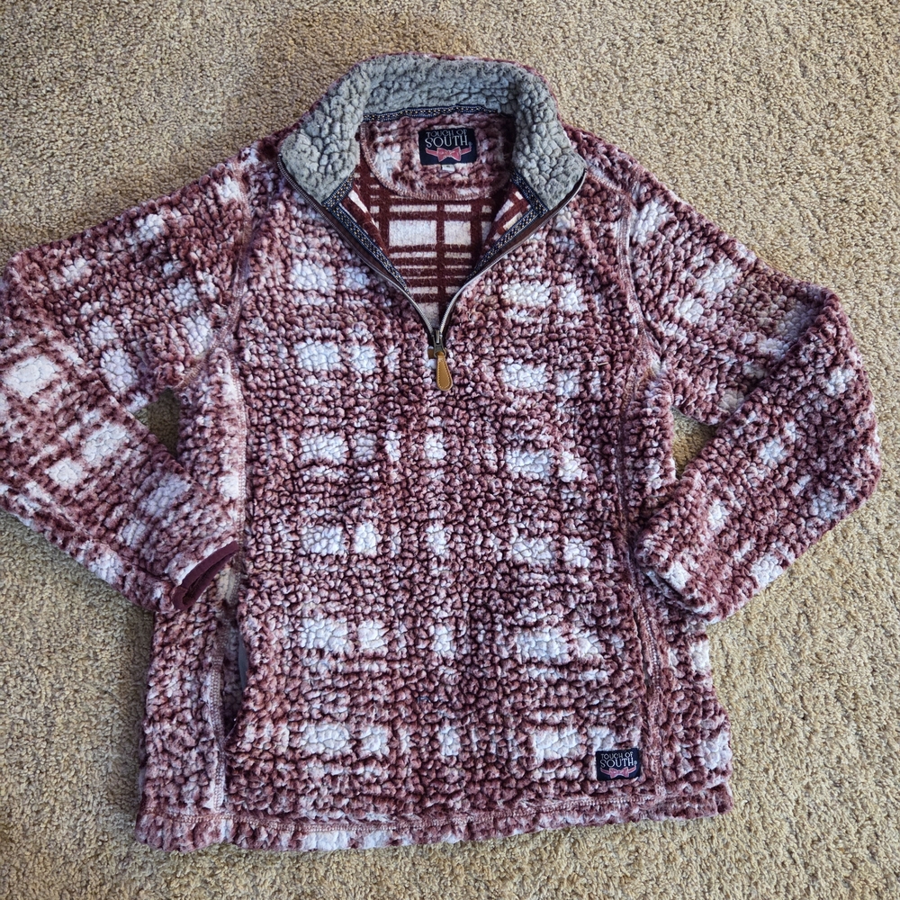 Touch Of South Plaid Sherpa Pullover - Maroon and White